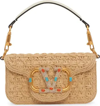 Valentino Garavani Small Locò VLOGO Crystal & Bead Detail Raffia Shoulder Bag | Nordstrom | Nordstrom