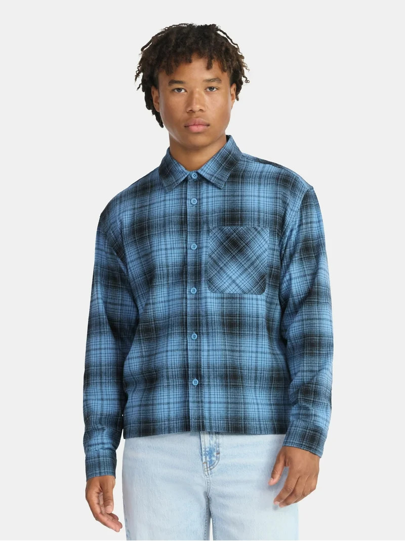 No Boundaries Collared Cotton Boxy Cropped Fit Flannel Shirt, Men's and Big Men's Sizes XS-5XL | Walmart (US)