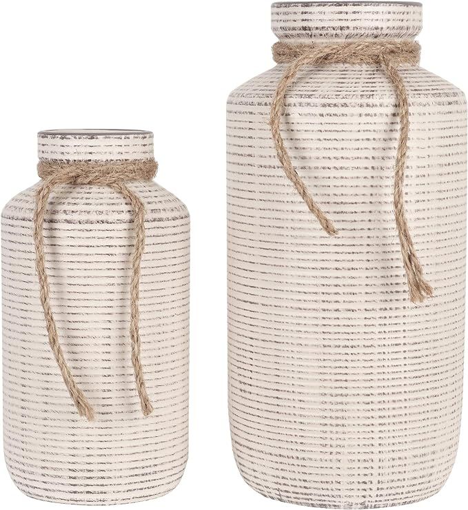 TERESA'S COLLECTIONS Beige Ceramic Vase Set of 2, 9.7in, Rustic Decorative Vases for Table Center... | Amazon (US)