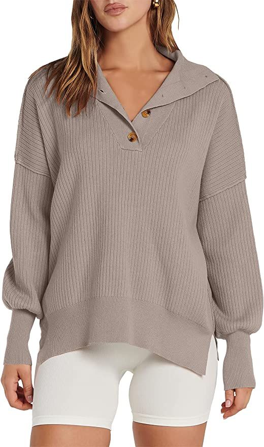 ANRABESS Women's Long Sleeve Button Up V Neck Drop Shoulder Oversized Slouchy Ribbed Knit Pullove... | Amazon (US)