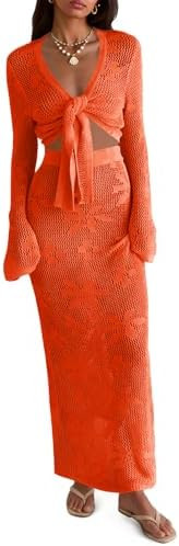 Saodimallsu Womens Crochet Swim Cover Up 2 Piece V Neck Long Sleeve Wrap Tie Crop Tops Beach Boho... | Amazon (US)