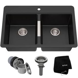 Drop-in/Undermount Granite Composite 33 in. 1-Hole 50/50 Double Basin Kitchen Sink Kit in Black O... | The Home Depot