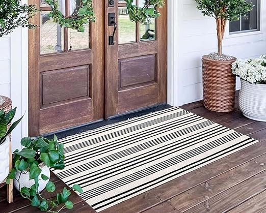 Black and White Striped Outdoor Rug 24'' x 51''Farmhouse Front Porch Mat Hand-Woven Machine Washa... | Amazon (US)
