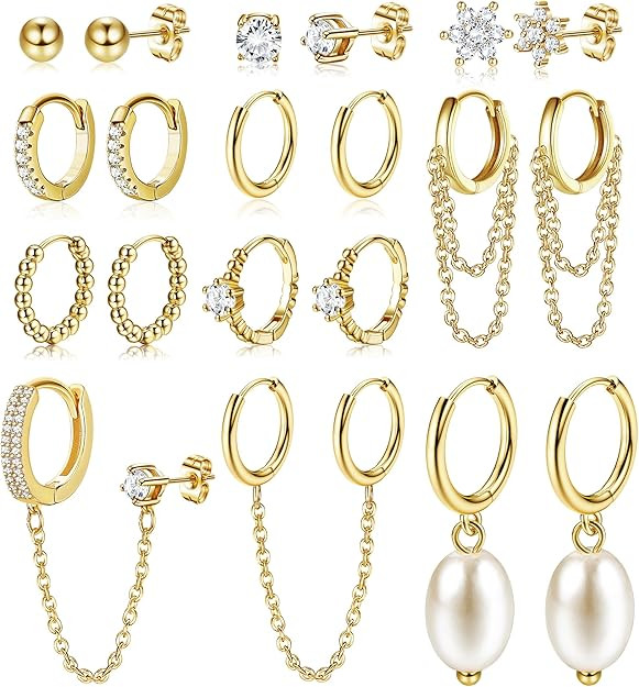 HAIAISO Small 14K Gold Plated Huggie Hoop Earrings for Women Lightweight Double Piercing Chain Ea... | Amazon (US)