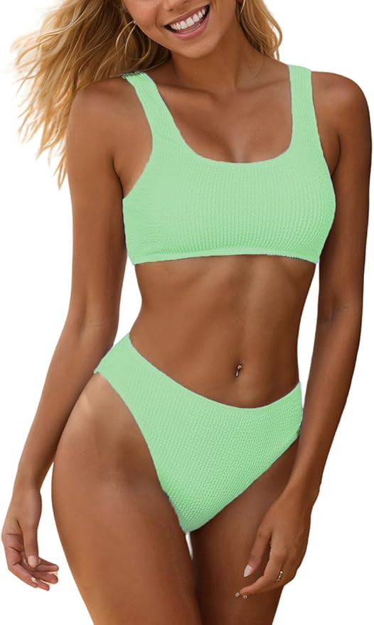 YIMISAN Womens Ribbed Bikini Set Crop Top Sporty Swimsuits with Mid Waist Cheeky Two Piece Bathin... | Amazon (US)
