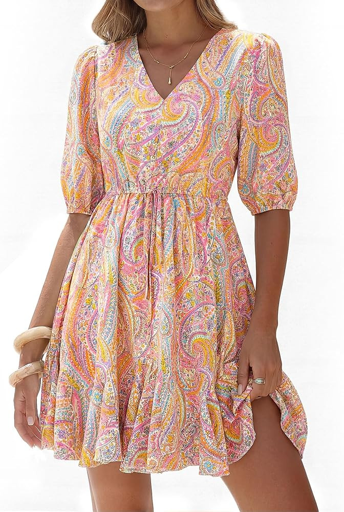 BTFBM Women Summer Spring Floral Boho Dress 2026 V Neck Short Sleeve Ruffle Beach Vacation Clothe... | Amazon (US)