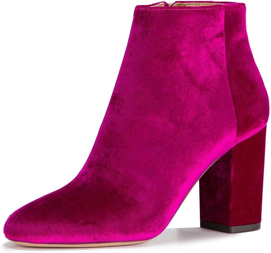 FSJ Women Elegant Velvet Round Toe Ankle Boots Chunky High Heels Office Lady Booties Size 4-15 US | Amazon (US)