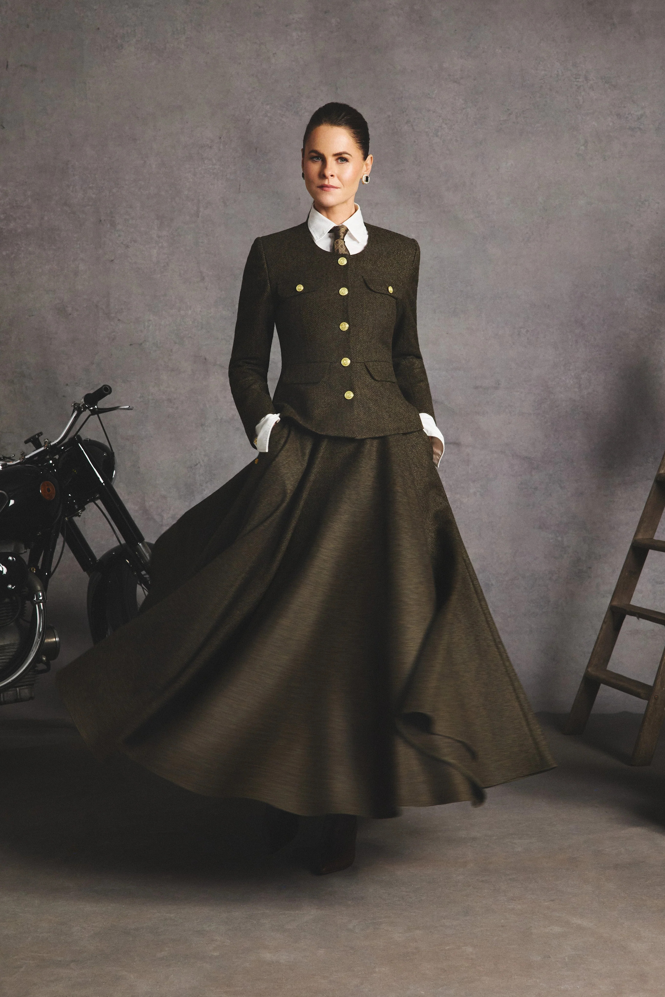 360 Maxi Tweed Circle Skirt (Dark Green Herringbone) | Holland Cooper