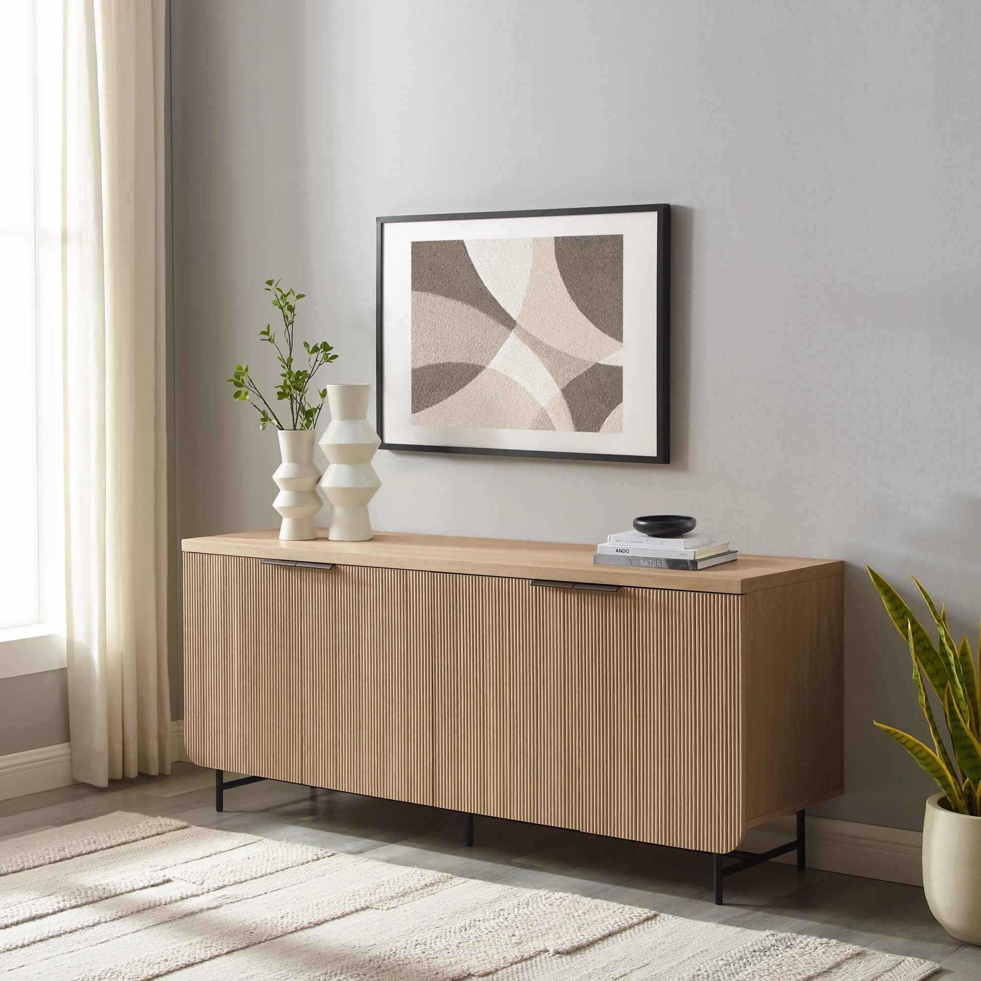 Walker Edison 69” Scandinavian 4-Door Reeded-Front Sideboard, Coastal Oak/Black | Walmart (US)