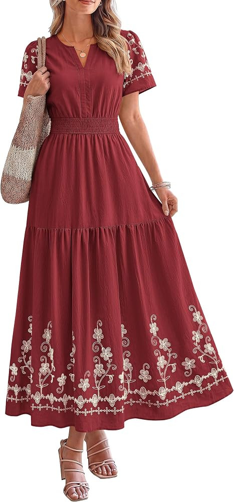 PRETTYGARDEN Women's Summer Boho Maxi Dress 2026 Spring Floral Short Sleeve V Neck A Line Flowy B... | Amazon (US)