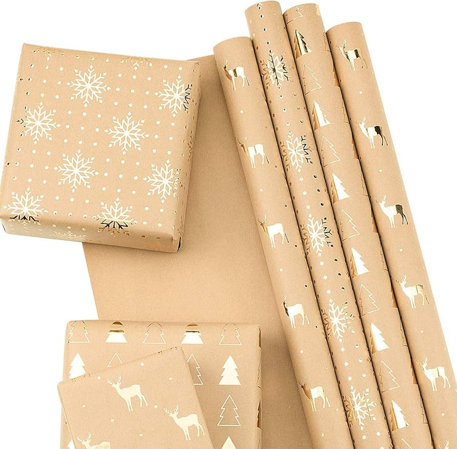 RUSPEPA Wrapping Paper Sheets Kraft Paper - Christmas Tree and Reindeer Design Gold Foil - 17.5 x... | Amazon (US)