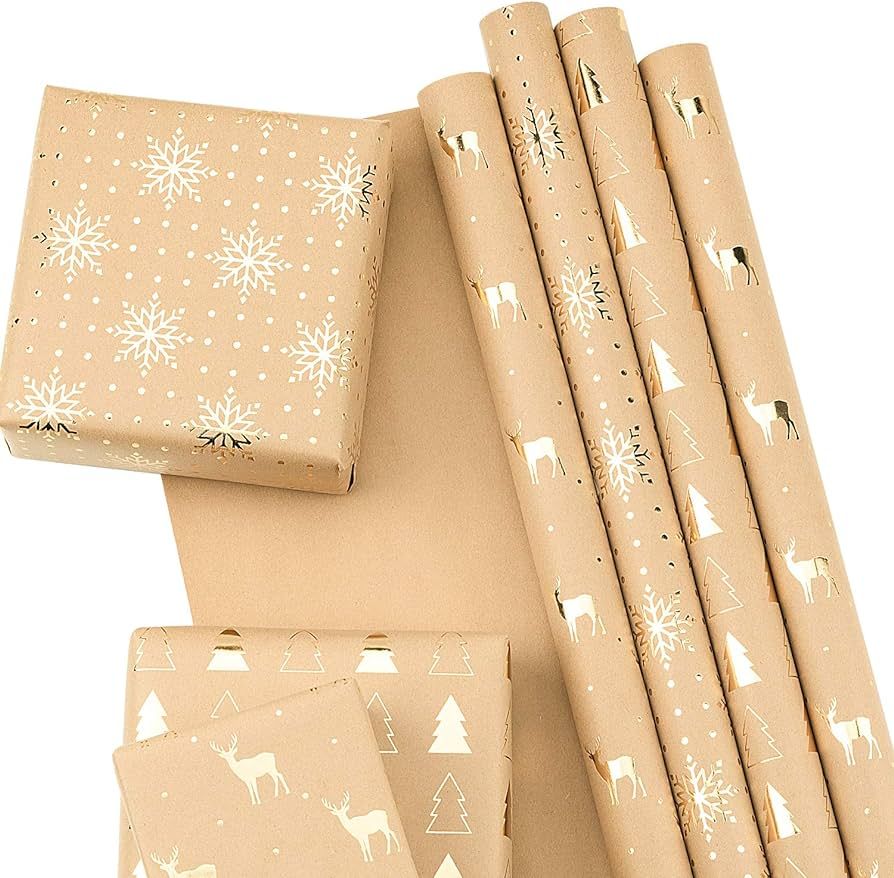 RUSPEPA Wrapping Paper Sheets Kraft Paper - Christmas Tree and Reindeer Design Gold Foil - 17.5 x... | Amazon (US)