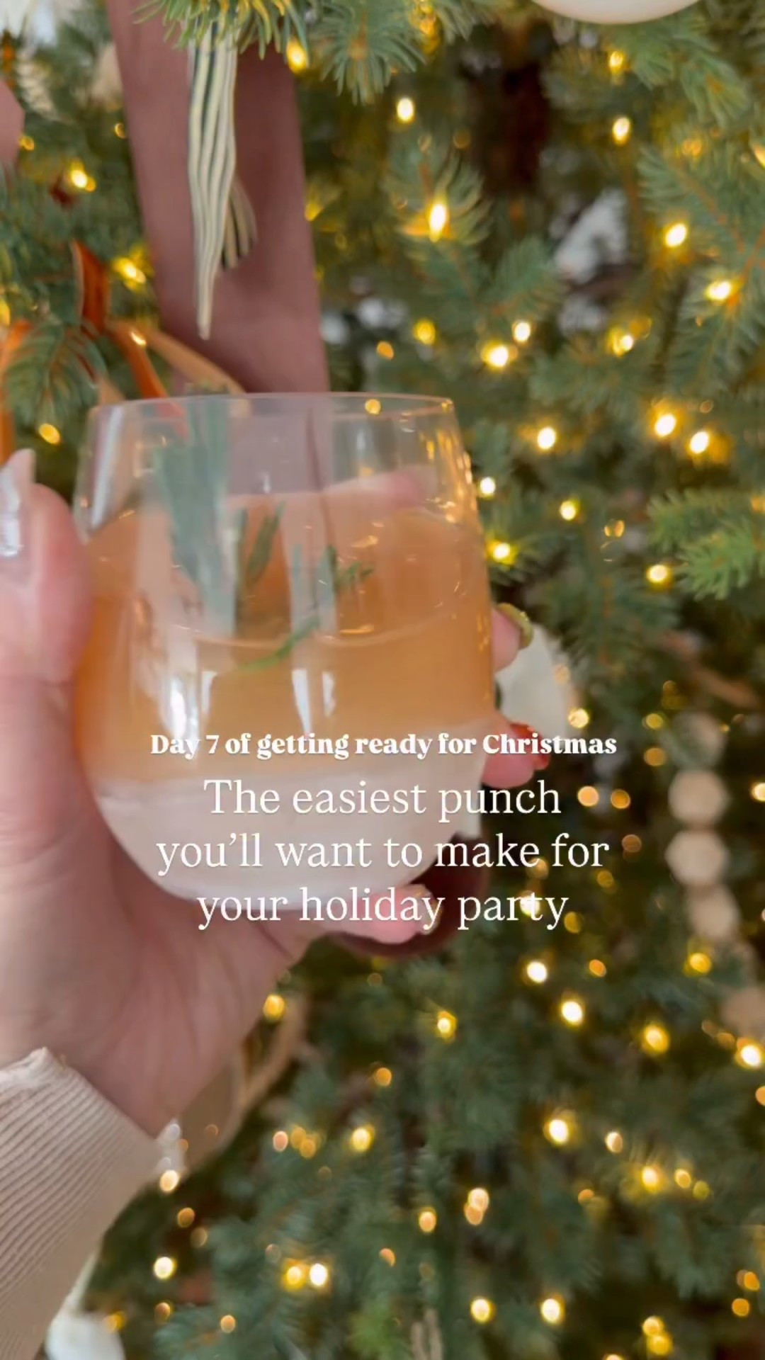 Recipe here 👇🏼

This is the exact recipe I used in this video, but I admittedly change this recipe a little bit every time I make it. So there are a few modifications that can be made to this so read below! 

 1 - 2L bottle of sprite*
Half of a bottle of cranberry pineapple juice *
1 can frozen orange pineapple concentrate (thawed in the fridge prior) 
1 can frozen lemonade concentrate (thawed) 
About 5-8 cups of water 
1 tsp edible glitter 

stir! 

Then add cranberries and sliced oranges and a sprig or two of rosemary to the top! 

* A FEW NOTES

I actually prefer to use TWO 2L bottles of sprite and skip the water. It just gives it more bubbly and more flavor! 

I have also used white cranberry juice in the past and I think I prefer this for a lighter ending punch color that shows the glitter a little more! I also usually add more of this because I’m not afraid of the color being too dark! It’s okay to not have the added pineapple juice like the other cranberry juice has. 

Make sure everything is chilled in the fridge prior to making this! I prefer to avoid adding too much ice if possible to not water it down too much. 

The glitter adds such a fun touch and makes it even more festive! It comes in so many colors too!