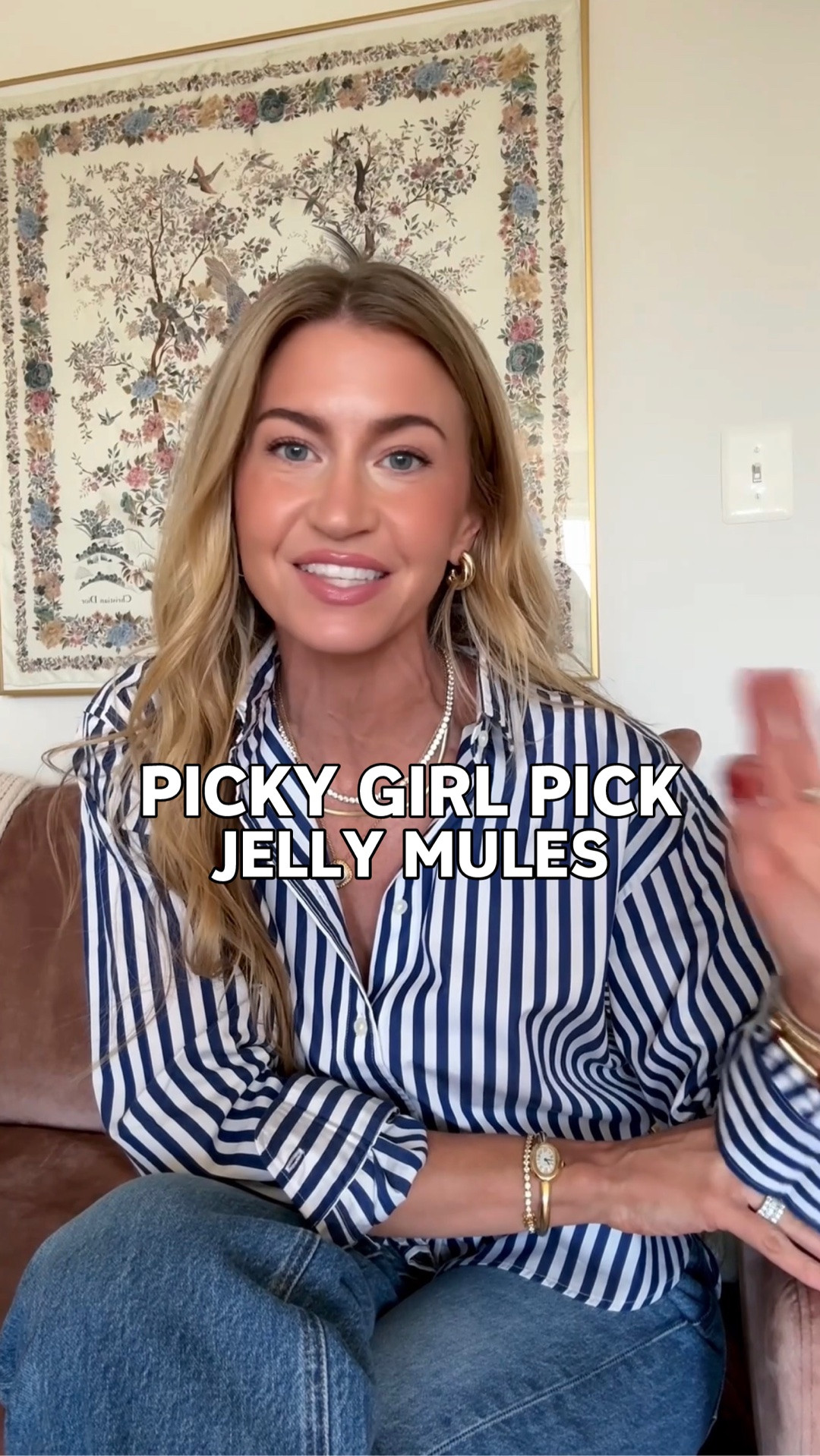 My Picky Girl jelly mule - currently ON SALE! Run TTS. 

Striped blouse: runs slightly oversized, wearing S
Denim: runs TTS, wearing 25

#LTKootd #LTKgrwm #LTKSaleAlert