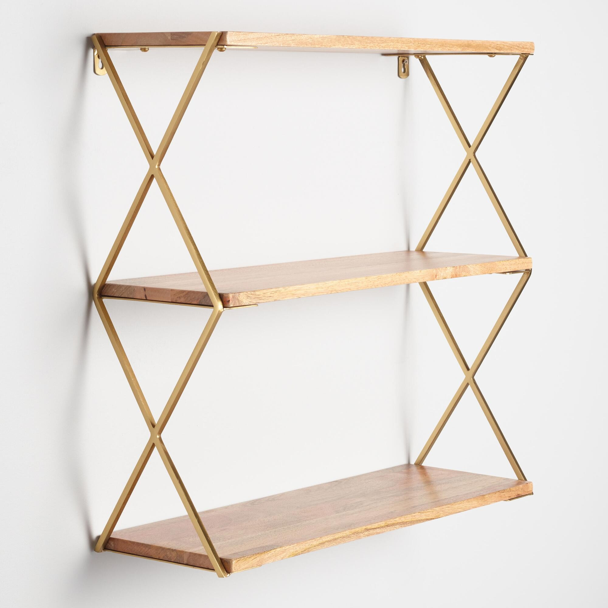 Natural Wood and Gold 3 Tier Wall Shelf by World Market | World Market