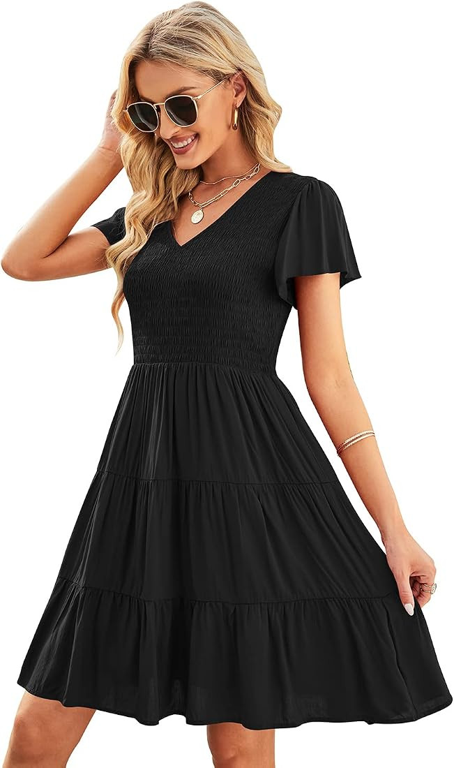 IHOT Womens Summer Fall Casual V Neck Short Flutter Sleeve Long Sleeve Smocked Ruffle Flowy Swing... | Amazon (US)