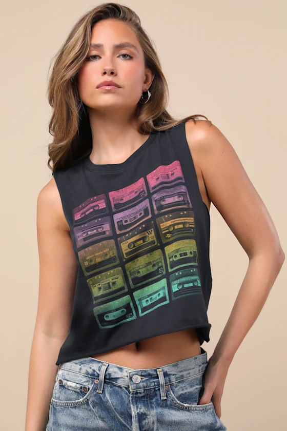 Cassette Black Multi Graphic Muscle Crop Tank Top | Lulus