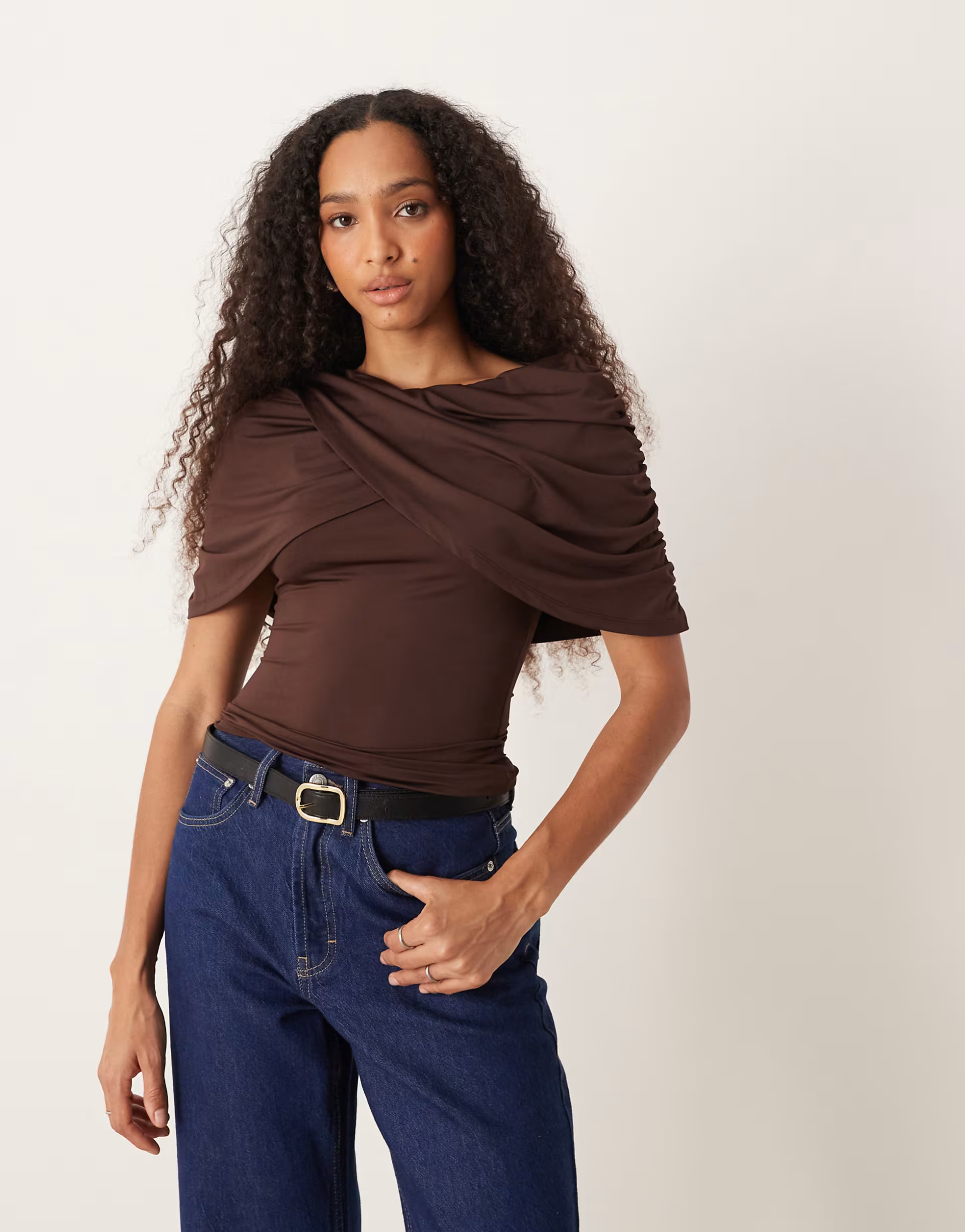 ASOS DESIGN wrap over slash neck cape top in brown | ASOS (Global)
