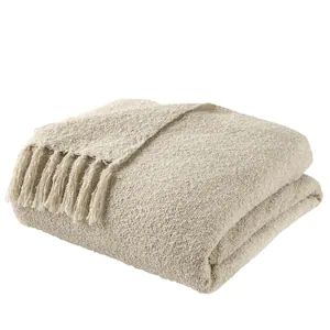 Almond Biscotti Ivory Cozy Boucle Throw Blanket with Tassels | The Home Depot