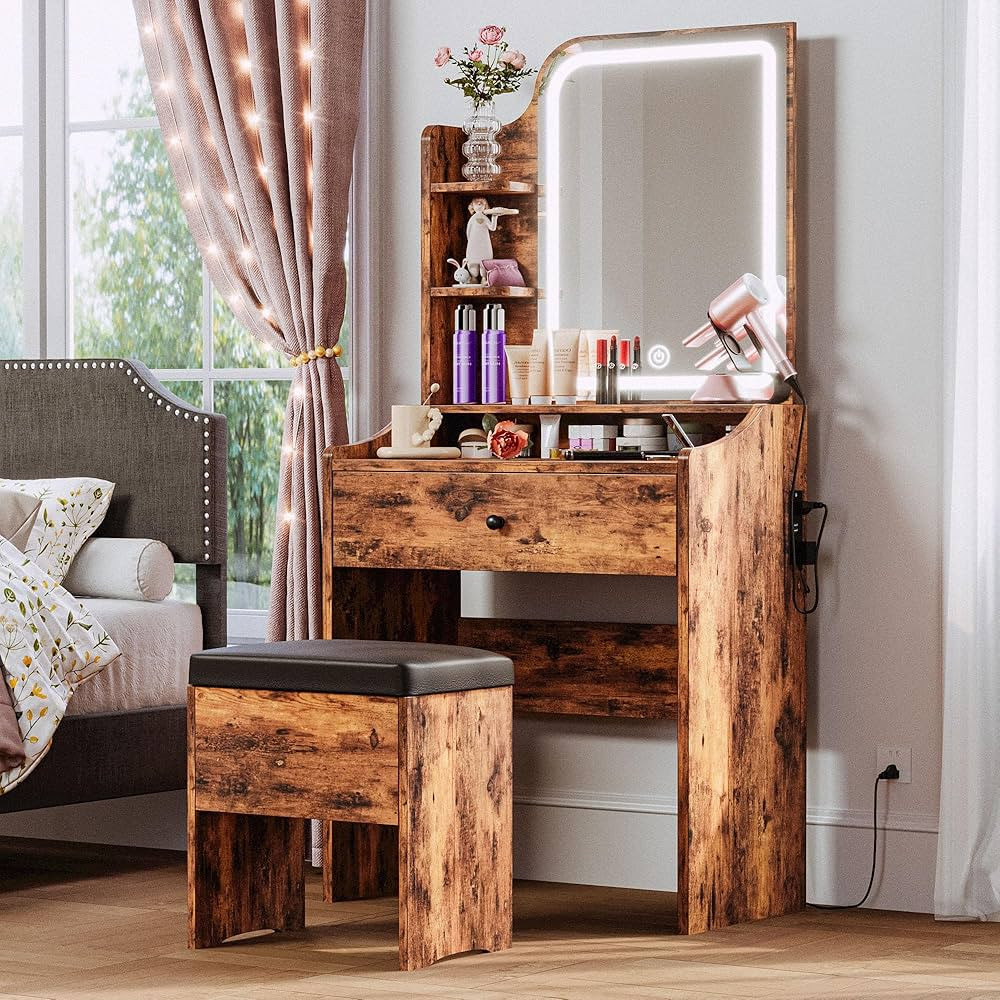 LIKIMIO Small Makeup Vanity Desk with Mirror and Lights, Vanity Table Set with Storage Drawer, Chair and Three Shelves, Bedroom, Vintage Brown | Amazon (US)
