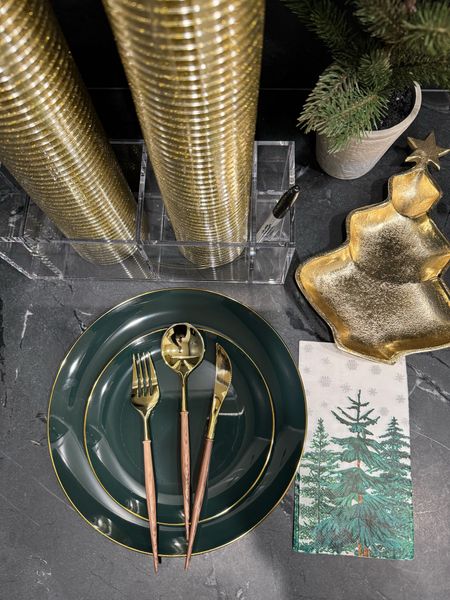 Disposable Christmas tableware. Brass and wooden (plastic) forks, spoon, and knives. Christmas napkins. Christmas cups, gold. Cup caddy. Napkin caddy

#LTKHoliday #LTKSeasonal