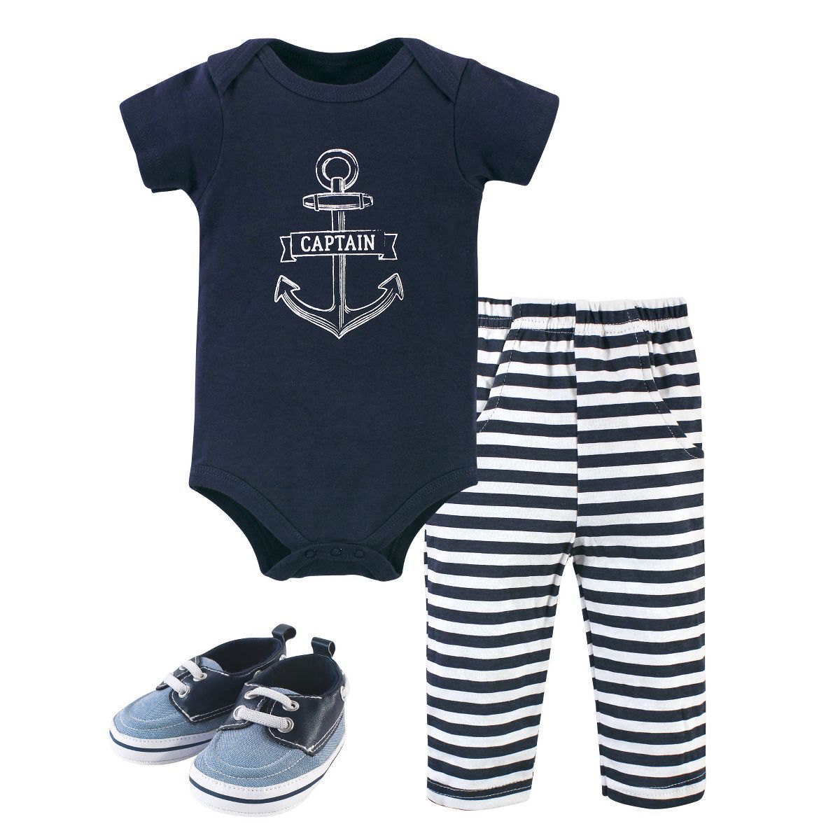 Hudson Baby Infant Boy Cotton Bodysuit, Pant and Shoe 3pc Set, Captain | Target