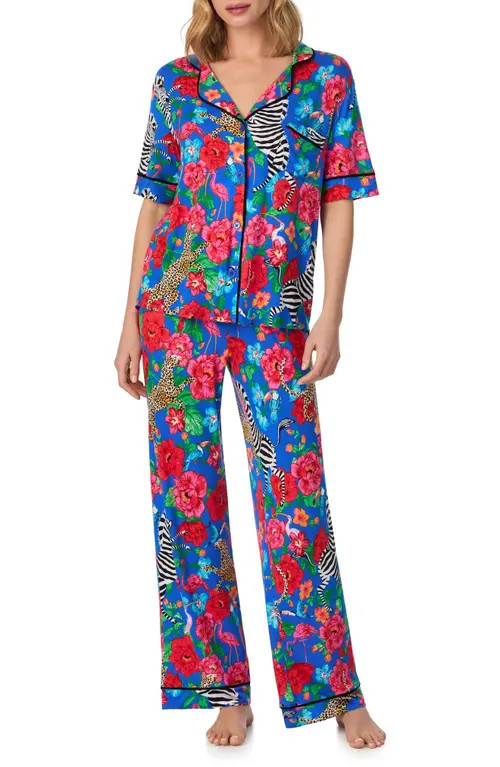 Room Service Pjs Contrast Piping Pajamas in Blue Floral at Nordstrom, Size Small | Nordstrom