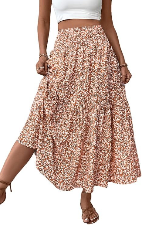 Women's Smocked High Waist Maxi Skirt Casual Boho Long Skirts with Pockets | Amazon (US)