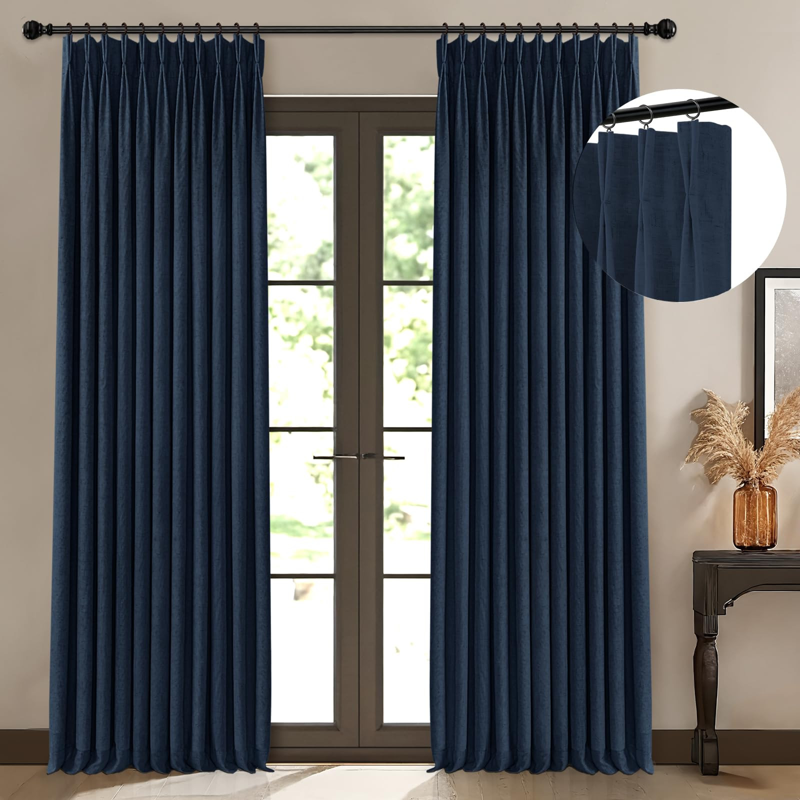 Pinch Pleated Blackout Curtains 96 Inches Long, Linen Blend, 100% Blackout Drapes with 20 Hooks, ... | Amazon (US)