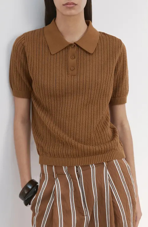 MANGO Open Stitch Cotton Polo Sweater in Caramel at Nordstrom, Size Medium | Nordstrom