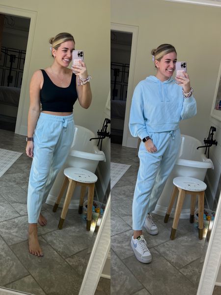 Comfy lounge bra - looks and feels just like my free people 😍🤌🏼 only $15!!! 
Comfy ribbed lounge set - pants are so stretchy in waist and cropped hoodie is the perfect length - not too short. 10/10
All TTS - M 
Nike blazer platform sneakers TTS


#LTKunder50 #LTKtravel #LTKFind