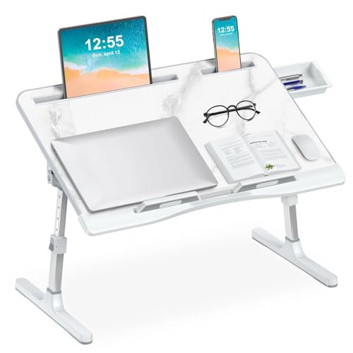 EVETTO Bed Desk for Laptop - Marble Pattern, Adjustable X-Large Foldable Bed Table, Laptop Lap Desk with 2 Movable Stoppers and Drawer for Bed Couch Floor Writing Eating Working (23.6 inch) | Amazon (US)