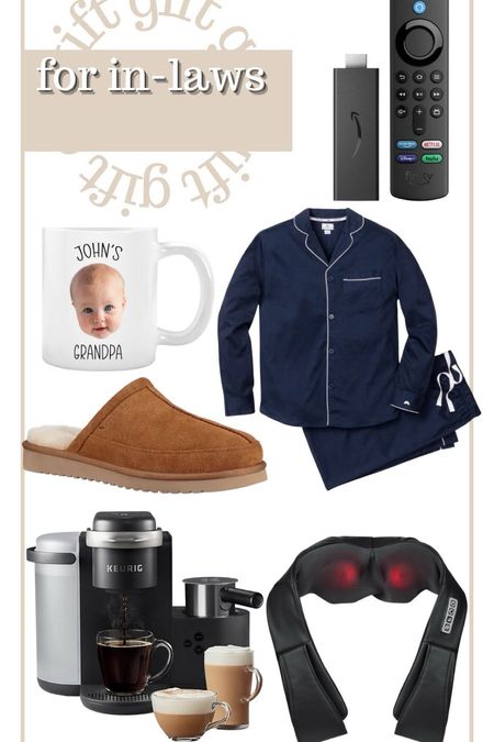 Gift guide for in laws
Satin pajamas 
Amazon fire stick 
Ugg slippers 
Espresso machine 
Shoulder massager 
Personalized mug 

#LTKSeasonal #LTKHoliday #LTKGiftGuide