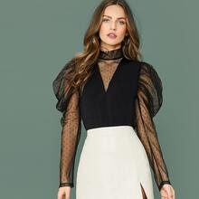 Dobby Mesh Panel Leg-of-mutton Sleeve Top | SHEIN