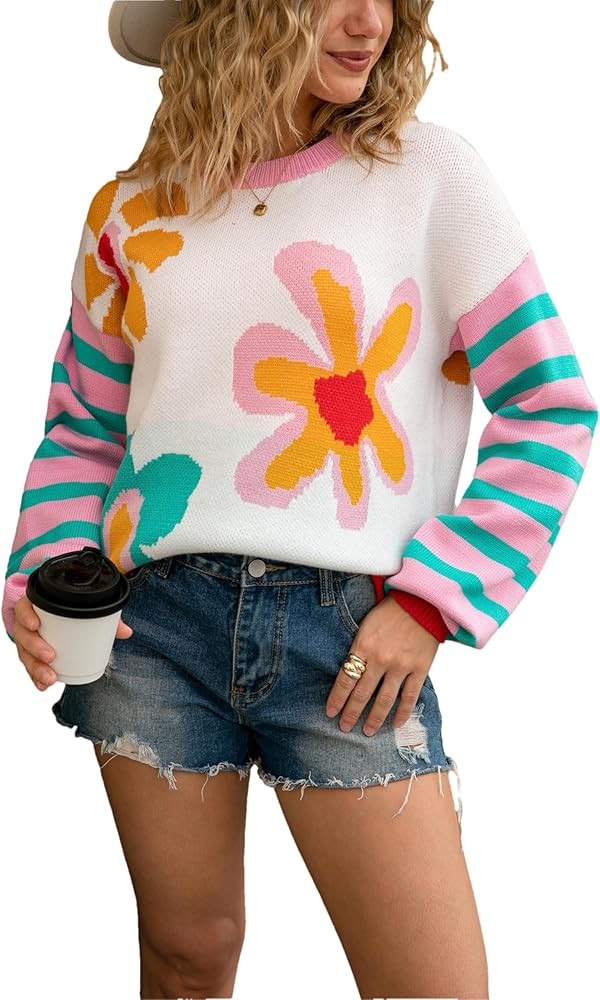 Sdipipo Womens Cute Floral Print Crewneck Sweater Fall Loose Long Sleeve Aesthetic Knit Tops Pull... | Amazon (US)