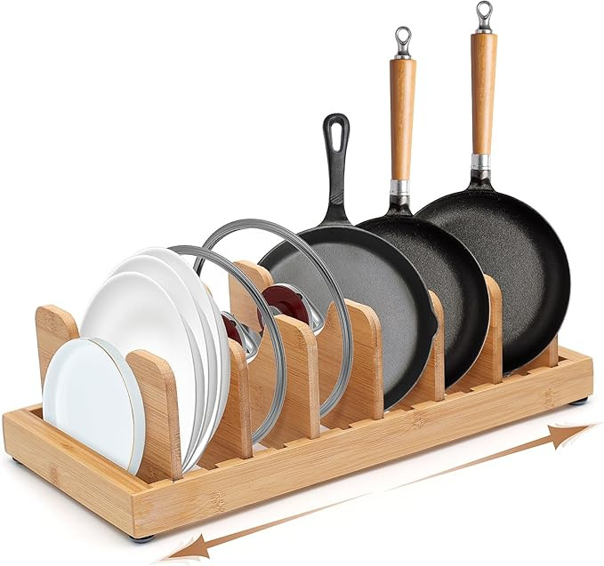 Bamboo Pot Lid Organizer Pots and Pans Organizer Inside Cabinet Adjustable Pot Lid Holder Rack fo... | Amazon (US)