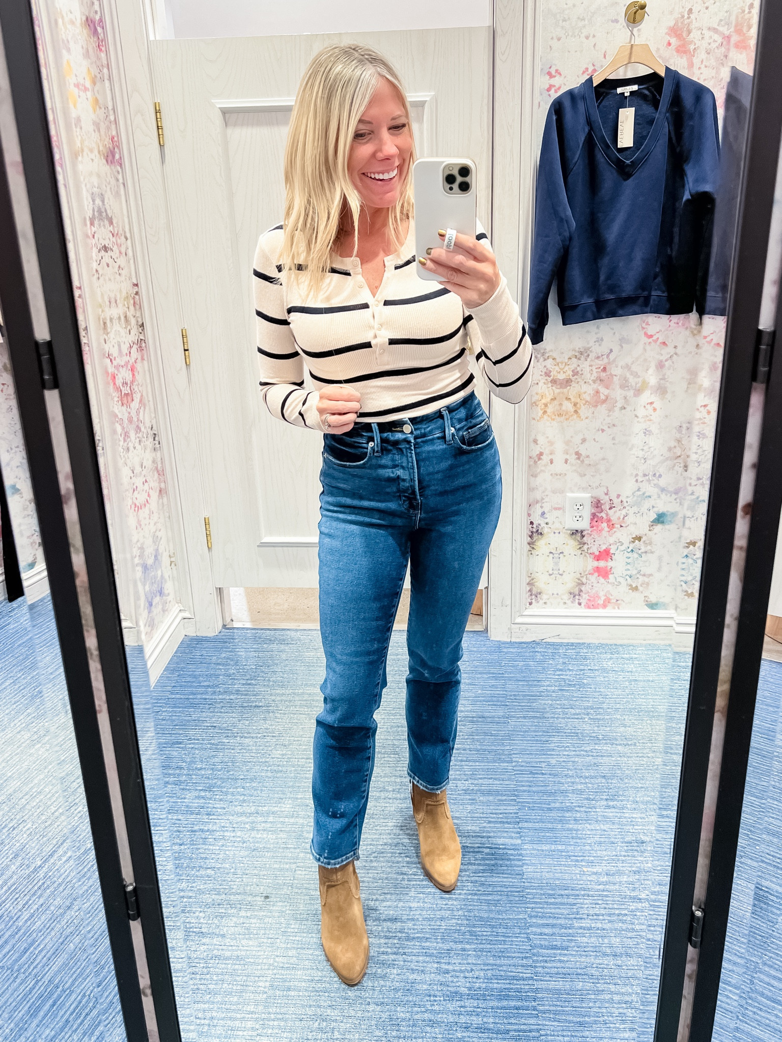 Love this fitted striped Henley shirt with straight leg jeans and booties. Extra small top 2/26 jeans and boots run through the size. Casual outfit ideas Evereve .


#LTKSeasonal #LTKCyberWeek #LTKstyletip
