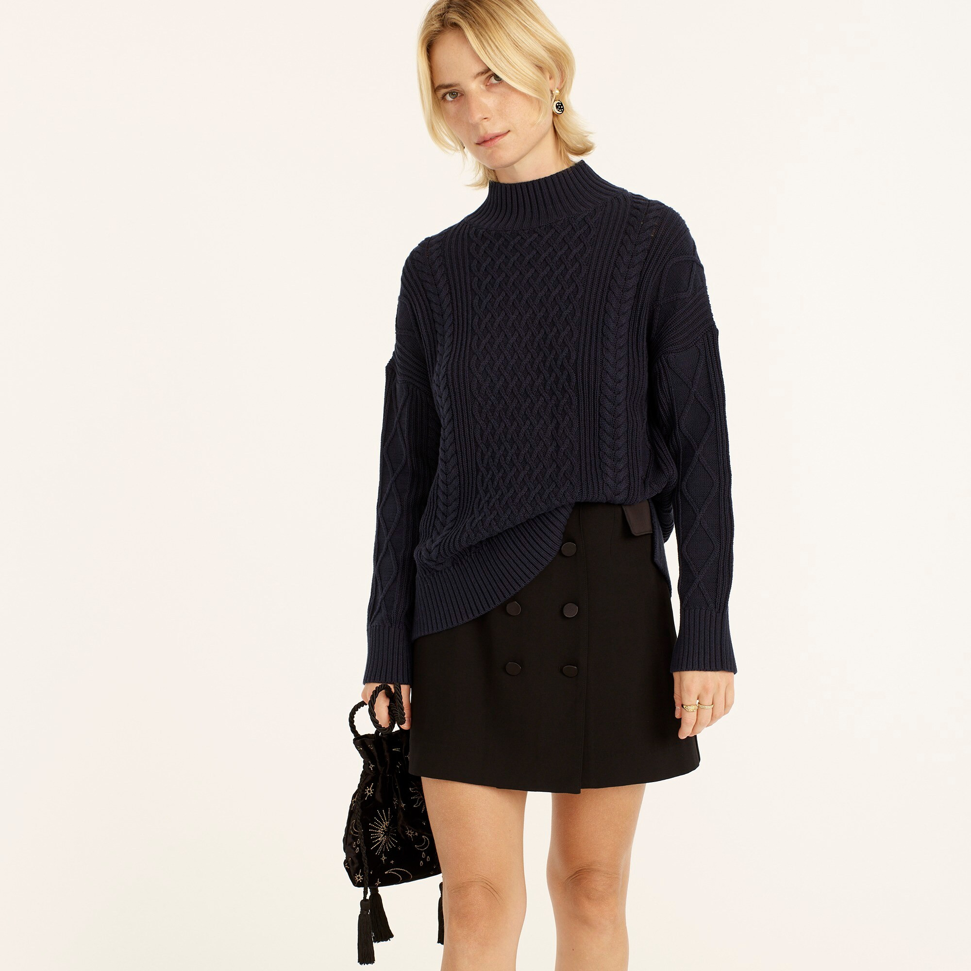 Long cotton cable-knit mockneck sweater | J. Crew US