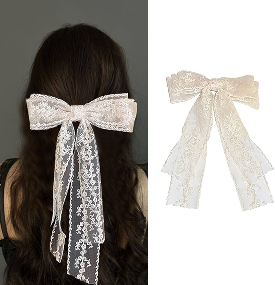 Lace Hair Bow Clips - Bridal, Cottagecore Accessories for Women, Large Tulle Bows, Hair Barrettes... | Amazon (US)