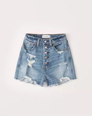 Abercrombie & Fitch Womens Curve Love Ultra High Rise Mom Shorts in Medium Ripped Wash - Size 25 | Abercrombie & Fitch US & UK
