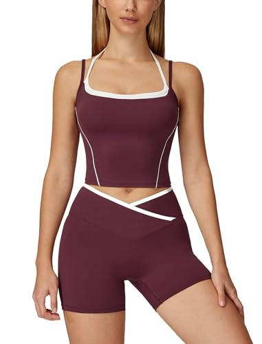 ABOCIW Workout Sets for Women 2 Piece Color Block Layered Cropped Tank Top Crossover High Waist Biker Shorts Gym Sets Active Wear Yoga Pilates Outfits Crossover Burgendy Red Large | Amazon (US)