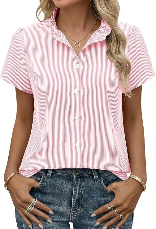 Funlingo Women's Striped Button Down Shirts Summer Short Sleeve Tops Ruffle Collar Work Blouses B... | Amazon (US)