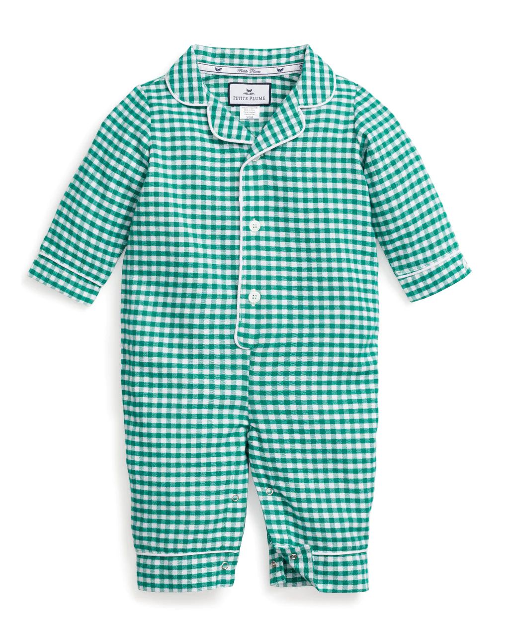 Green Gingham Flannel Romper with White Piping | Petite Plume