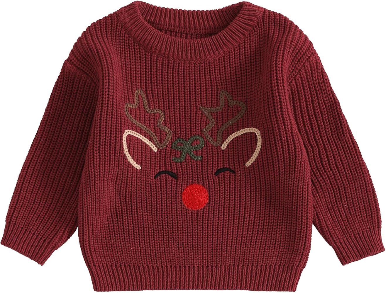Toddler Boy Girl Christmas Sweater Reindeer Embroidery Long Sleeve Knit Sweater Pullover Tops Fal... | Amazon (US)