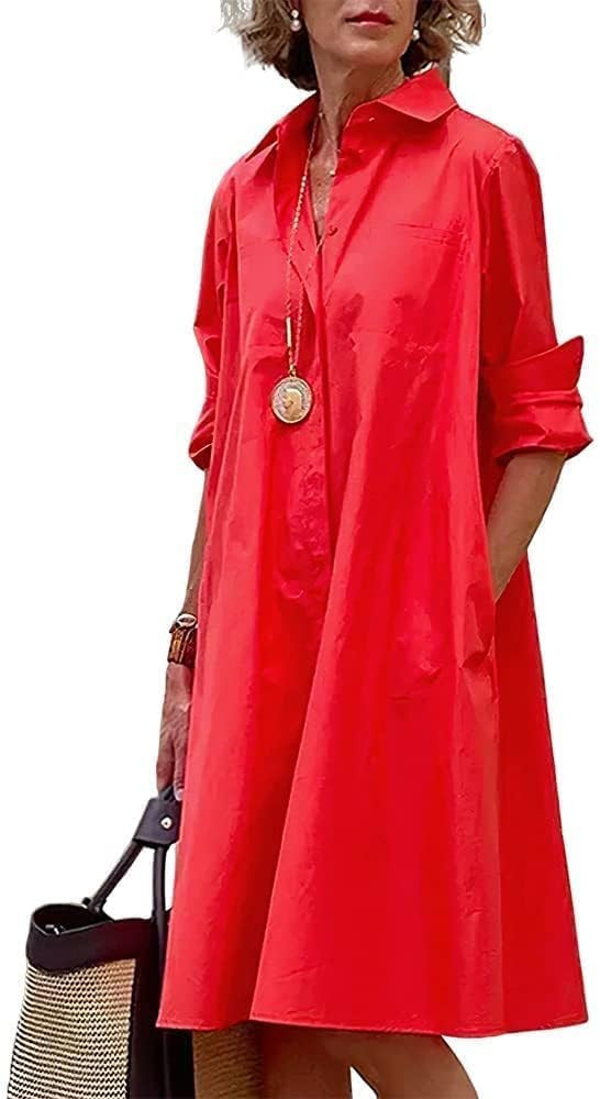 Zhyaj Womens 2025 Long Sleeve Button Down Shirt Summer Dress Casual V Neck Loose Fit Midi Shirt D... | Amazon (US)
