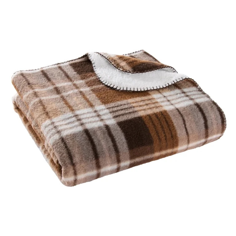 Better Homes & Gardens Plaid Reversible Faux Wool to Faux Fur Oversized Couch Throw Blanket, Brow... | Walmart (US)