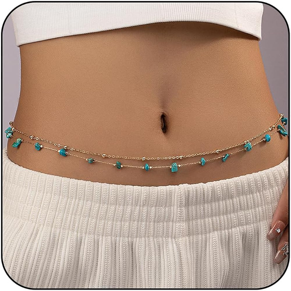 Gold Turquoise Waist Chain for Women Boho Layered Belt Chain Irregular Stone Belly Body Chain Sum... | Amazon (US)