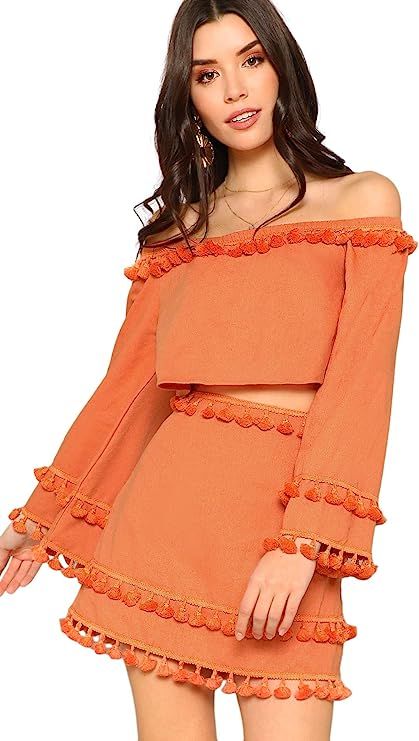 SheIn Women's 2 Piece Outfit Fringe Trim Crop Top Skirt Set | Amazon (US)