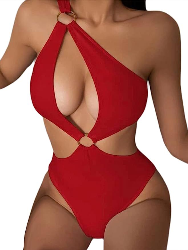 Hilinker Women's O-Ring Cutout Halter One Piece Swimsuit High Cut Bathing Suit | Amazon (US)