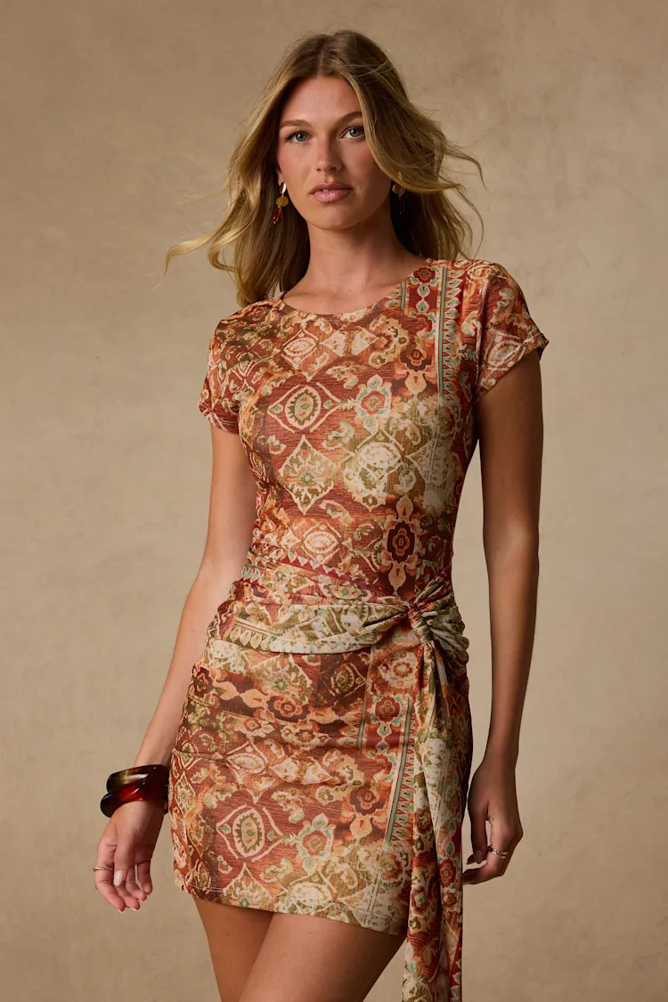 Kamora Rust Multi Boho Print Mesh Sash Mini Dress | Lulus